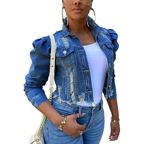 Long Puff Sleeve Jean Jacket for Women Trendy Short Cropped Denim